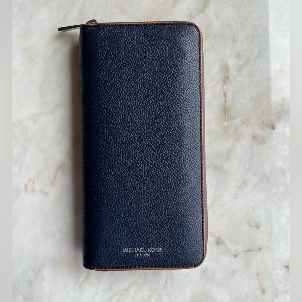 Michael Kors Dark Blue Leather Wallet with Orange trim